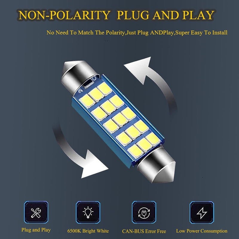 GKmow Pack-2 578 LED Extremely Bright Bulbs, 1.59" 6500K 2835 Chipsets 400LM Bulbs for LED Interior Dome Map Door Lights 211-2 212-2 569 6411 6451 41mm 42mm (White) - Image 5